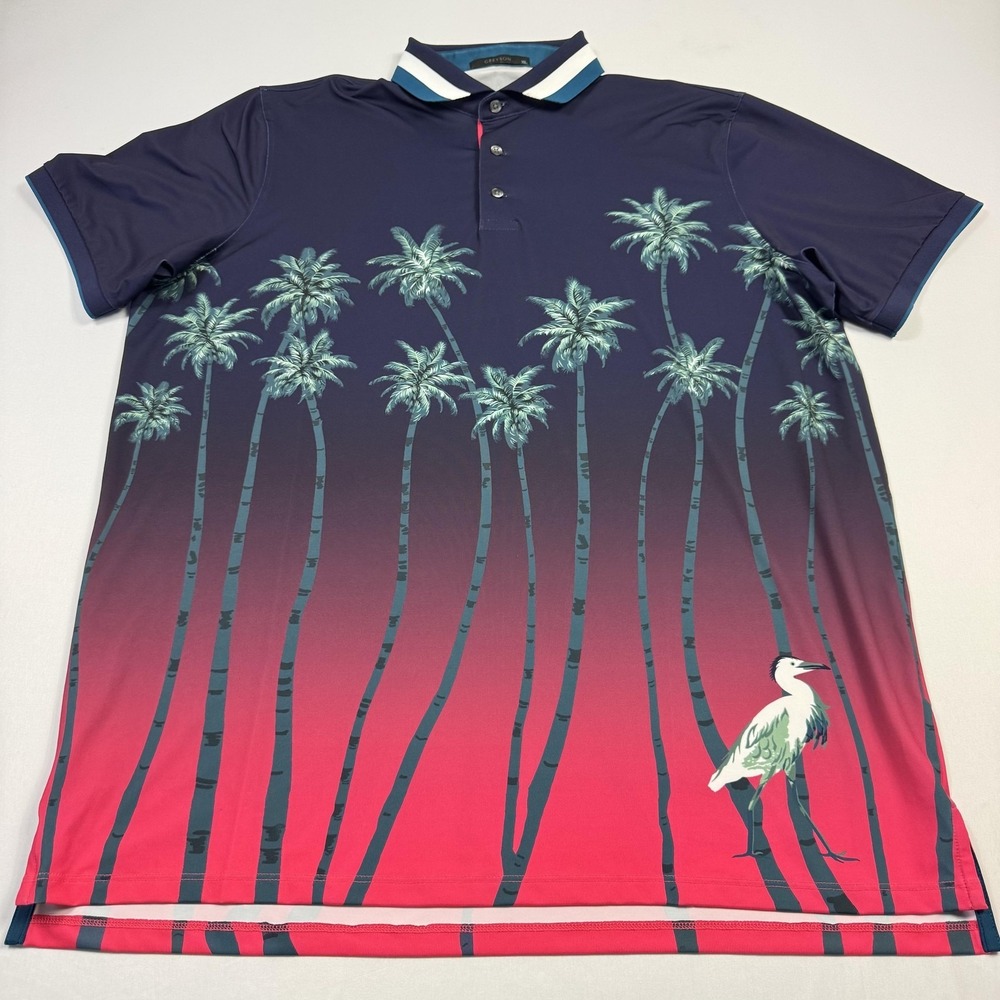 Greyson Polo Shirt Mens XL Blue Pink Palm Tree Heron Graphic Golf Ombre